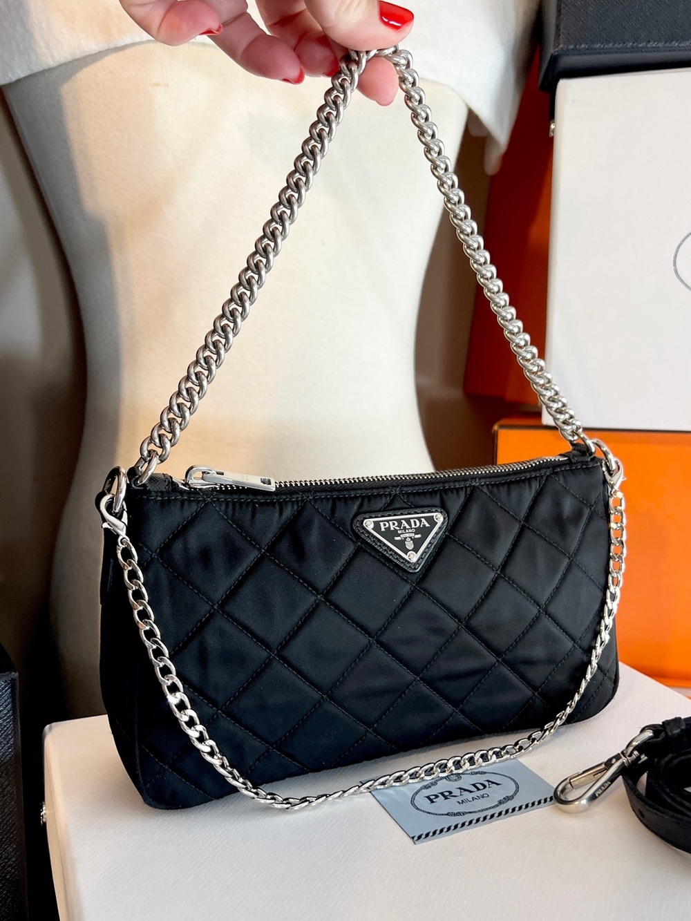 PRADA!! Authentic Prada bag! Black Quilted Nylon Bag with Silver Chain! Offers! - Picture 8 of 16